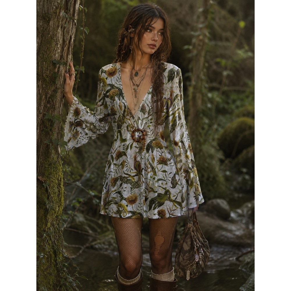 Dodo Bar Or Annabels Snake Bird Printed Stretch Mini Dress Blue Fairy Grunge S/M